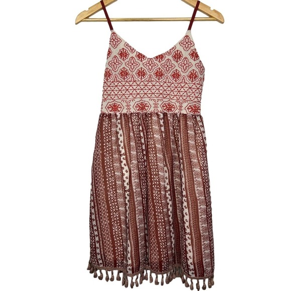 Anthropologie Entro Boho Floral Dress Spaghetti Strap Tassels Rust Cream Brown S - Picture 1 of 5